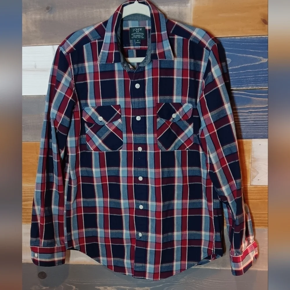 J. Crew Men's Navy and Red Plaid Button Down Flannel Heavy Weight M